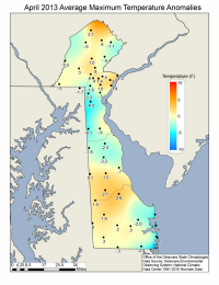 Delaware Mean Max Temperature Anomaly for April 2013