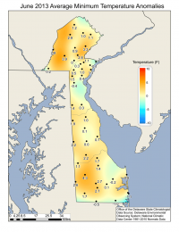 Delaware June 2013 minimum temperature departures from the 1981-2010 mean based upon DEOS station data