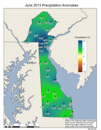 Delaware June 2013 precipitation departures from the 1981-2010 mean based upon DEOS station data
