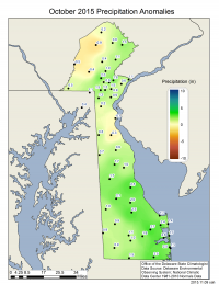 October 2015 precipitation departures from the 1981-2010 mean based upon DEOS station data.