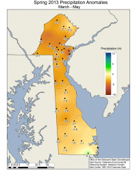 Delaware Spring 2013 average precipitation departures from the 1981-2010 mean based upon DEOS station data