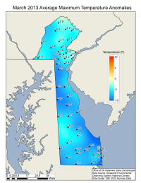 Delaware Mean Max Temperature Anomaly for March 2013